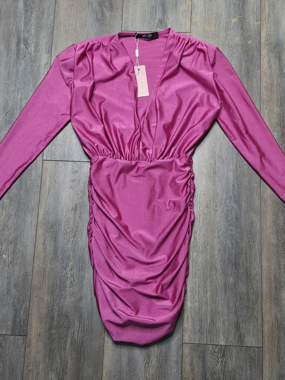 Miss Lola Hot Pink Ruched Long-Sleeve V-Neck Dress